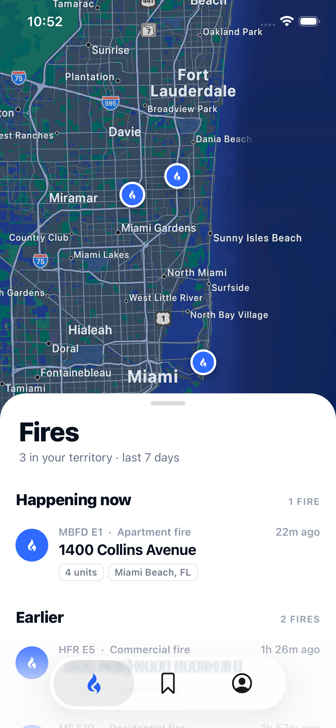 The Lossline map showing active fires across a selected territory, with a list of recent incidents below